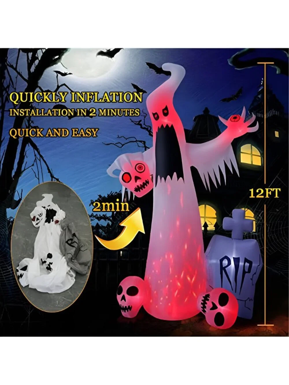 12 FT Halloween Inflatables Outdoor Decorations Ghost with 3 Skulls
